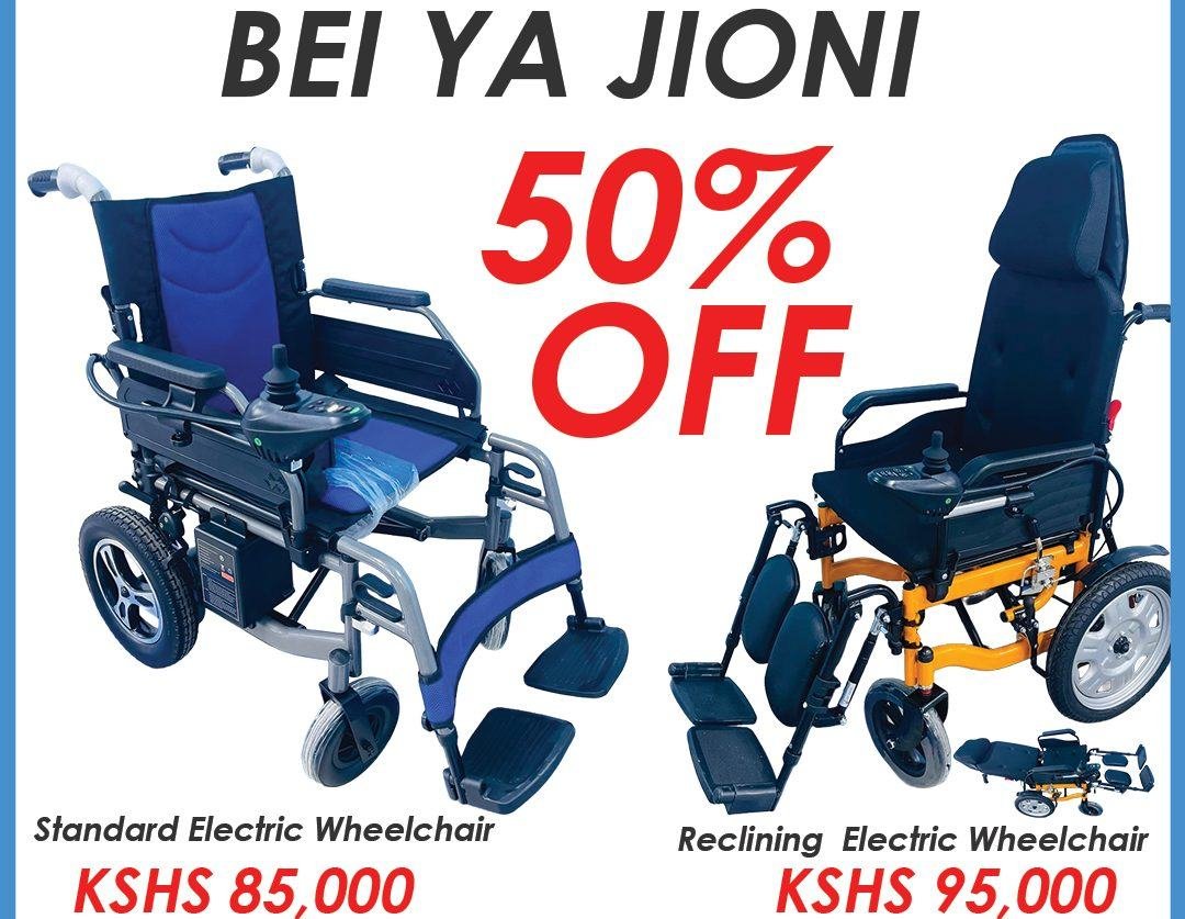 Bei ya jioni evening offer at Wheelchairs Kenya: Standard Electric Wheelchair KSh 85,000 and Reclining Electric Wheelchair KSh 95,000, Nairobi CBD