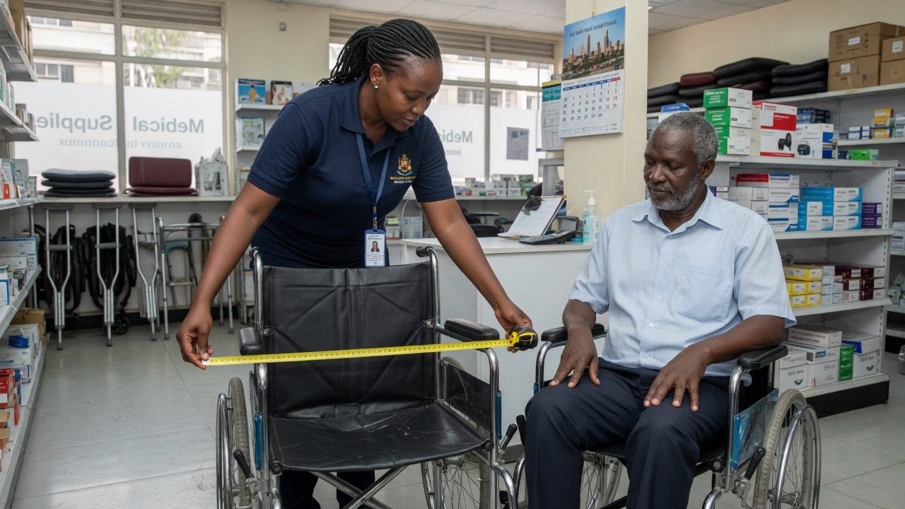 Orthopedic style wheelchair fitting in a Nairobi medical shop, Wheelchairs Kenya Ltd