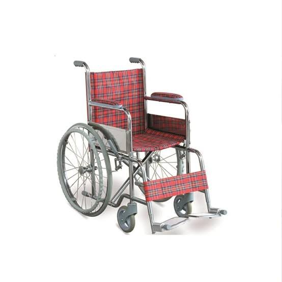 Pediatric chrome folding wheelchair with red tartan upholstery, Wheelchairs Kenya Nairobi